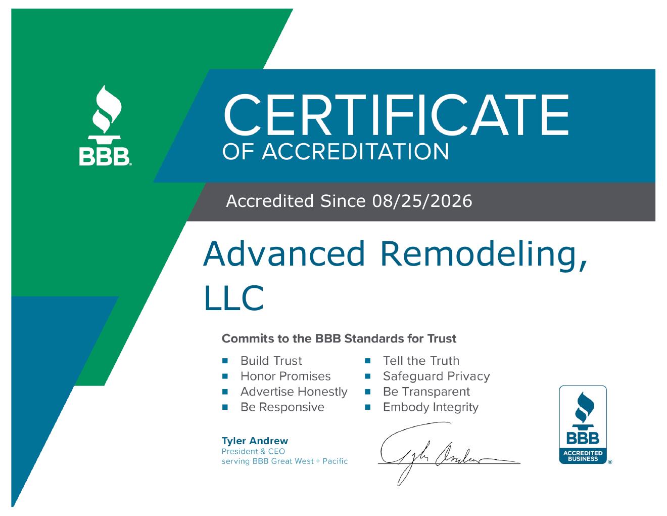 BBB Certificate of Accreditation for Advanced Remodeling, LLC
