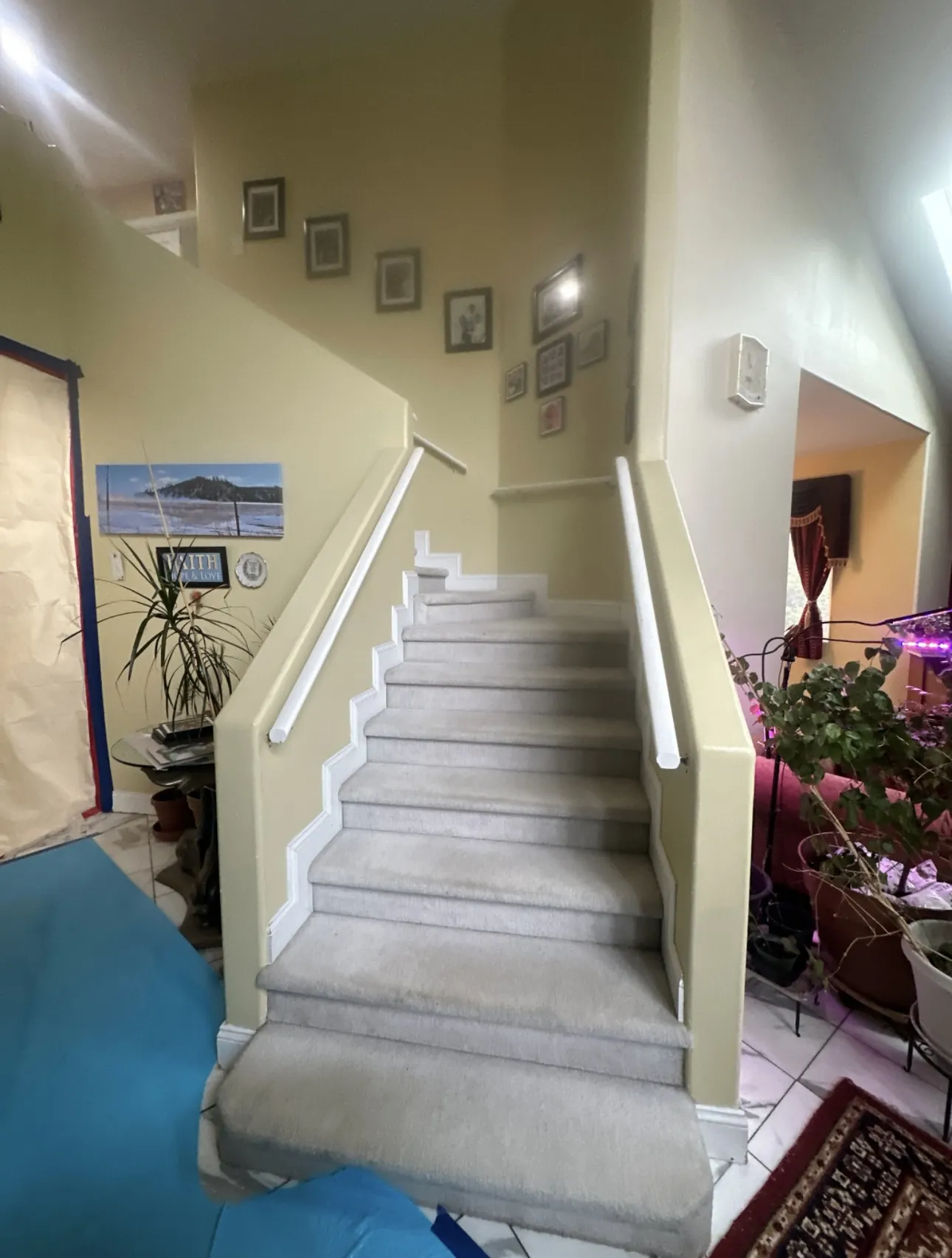 Original cream-carpeted staircase before remodel